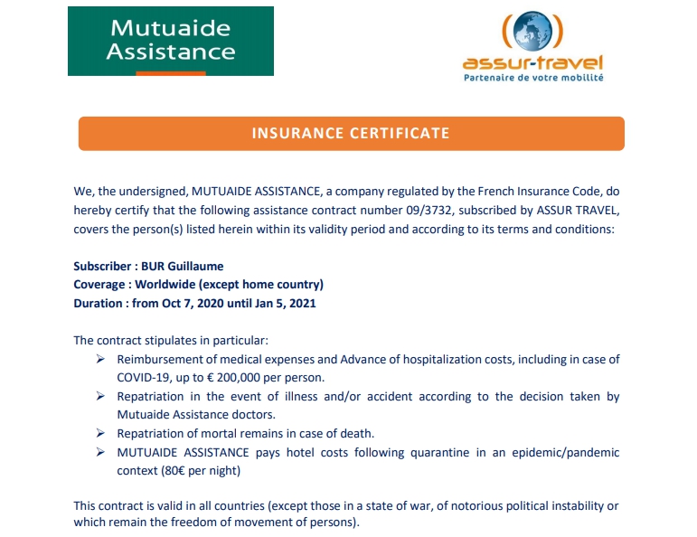 Certificat assurance en anglais